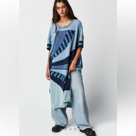 Free People We the Free Rays of Indigo Tee Dress Tunic Blue Patchwork Boho - Picture 2 of 12